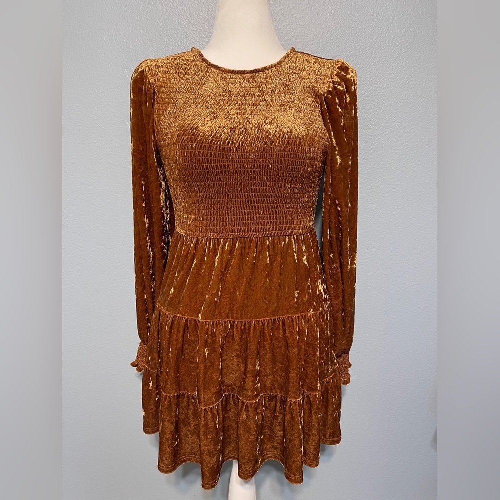 Anthropologie Flying Tomato Velvet Babydoll Mini Dress Gold Tiered Boho Medium